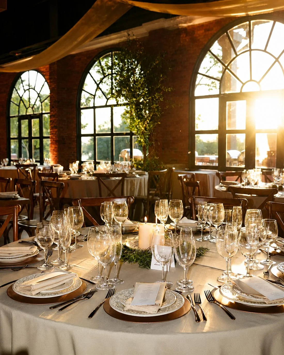 Salón de eventos decorado por Fressia al atardecer: mesas redondas vestidas de lino, cristalería y velas bajo grandes ventanales de arco